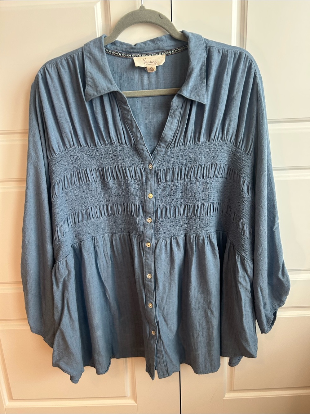 Nurture by Westbound  Dusty Blue Smocked Button-Up Peasant Blouse